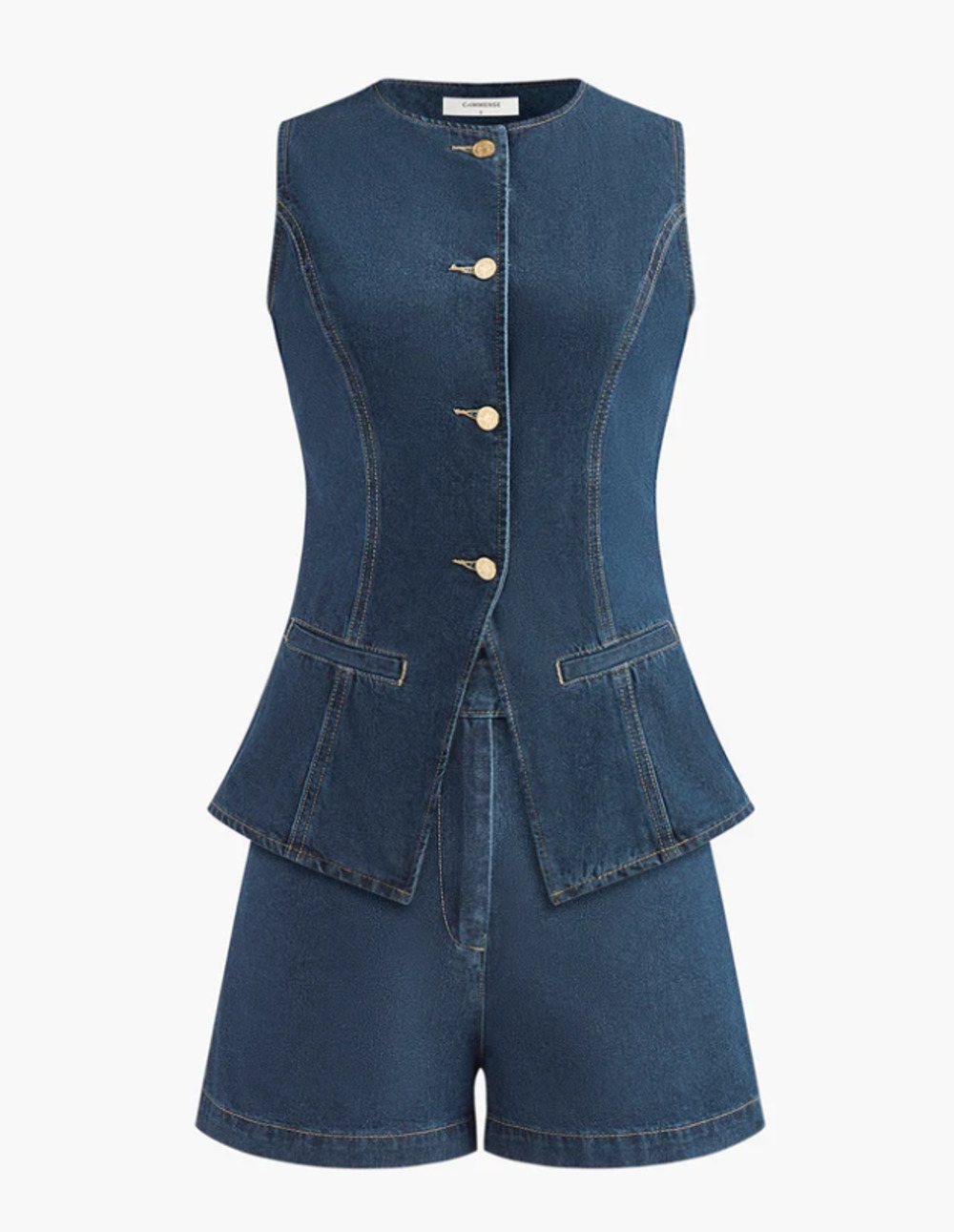 Commense Denim Peplum Vest & Shorts Set XL - Modern Parisian Chic